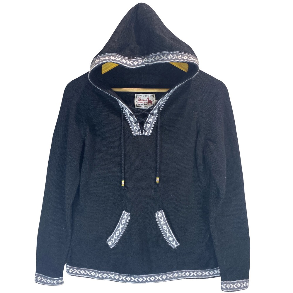 The Alpaca Connection Black Alpaca Blend Peruvian Lace Up Knit Hoodie Medium